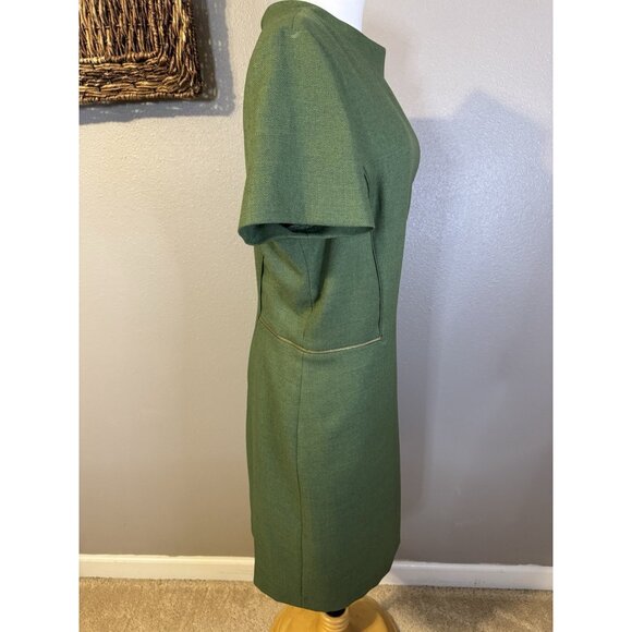 Tahari Dress 18 Green Mock Neck Gold Zipper Trim Short Sleeve Career Church NEW - Picture 5 of 11